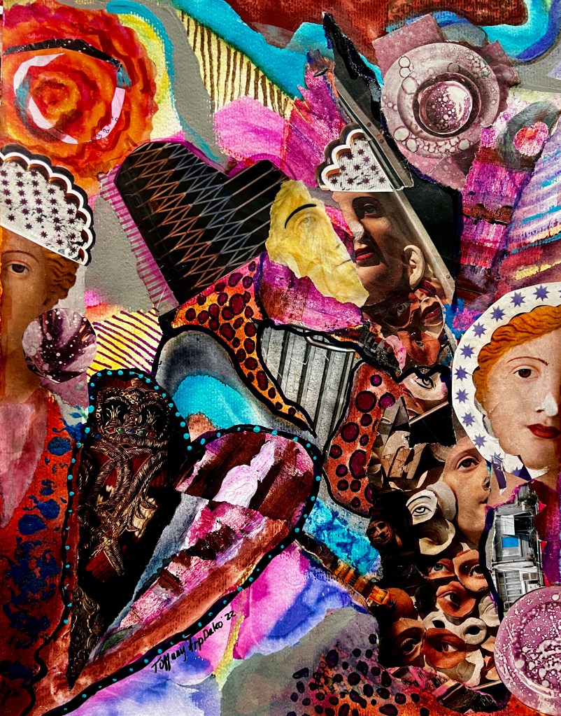 "Pieces of You" is an abstract mixed media collage available by Tiffany Arp Daleo